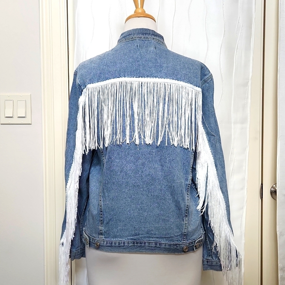 NWT Elia Cher Denim White Fringe Jacket